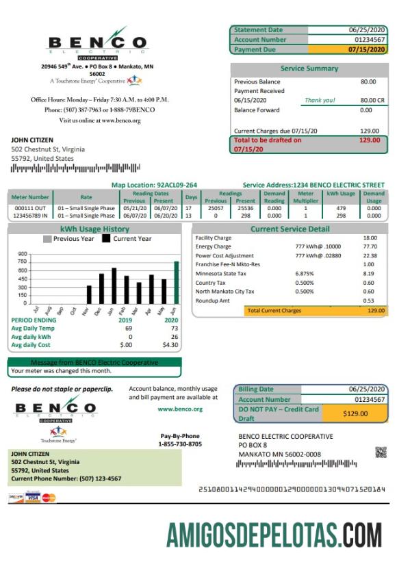 Para baixar modelo de fatura de serviços públicos fácil de preencher, EUA, Minnesota Benco Elecric Electricity, em formato Word e PDF (.doc e .pdf)